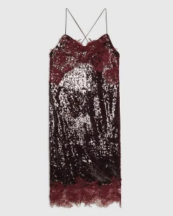 Petite Red Sequin Lace Trim Cami Midi Dress