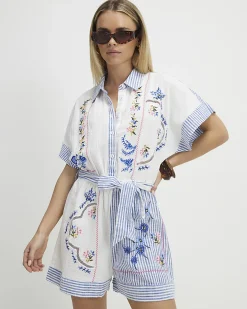 Petite White Embroidery Stripe Playsuit