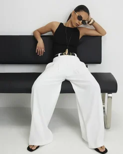 Petite White Pleated Wide Leg Trousers