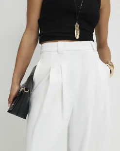 Petite White Pleated Wide Leg Trousers