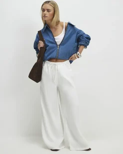Petite White Wide leg Drawstring Jeans