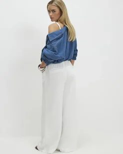 Petite White Wide leg Drawstring Jeans