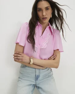 Pink Angel Sleeve Scallop Trim Blouse