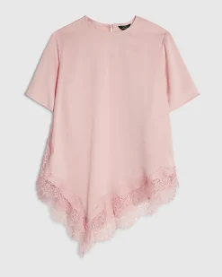Pink Asymmetric Lace Trim Satin T-Shirt