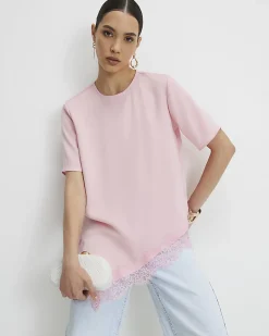Pink Asymmetric Lace Trim Satin T-Shirt