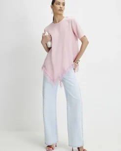 Pink Asymmetric Lace Trim Satin T-Shirt