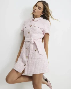 Pink Boucle Belted Mini Dress