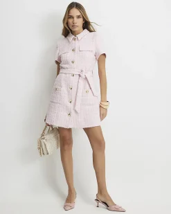 Pink Boucle Belted Mini Dress
