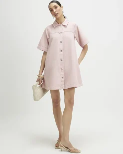 Pink Button Through Denim Dress