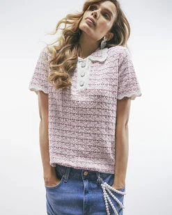 Pink Button Up Boucle Collared Top