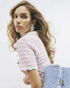 Pink Button Up Boucle Collared Top