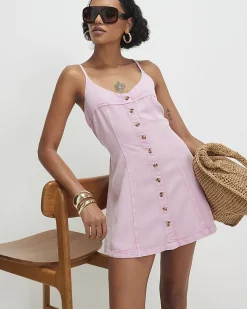 Pink Button Up Denim Mini Dress