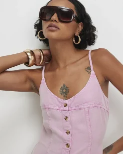 Pink Button Up Denim Mini Dress