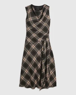Pink Check Cowl Neck Asymmetric Midi Dress