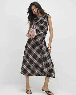 Pink Check Cowl Neck Asymmetric Midi Dress