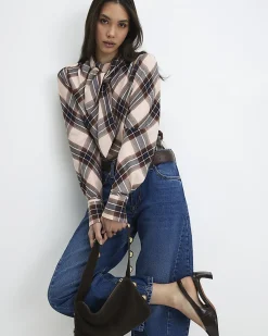 Pink Check Print Long Sleeve Blouse