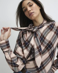 Pink Check Print Long Sleeve Blouse