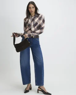 Pink Check Print Long Sleeve Blouse