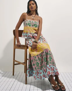 Pink Colour Block Floral Maxi Skirt