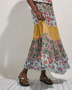 Pink Colour Block Floral Maxi Skirt