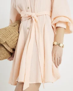 Pink Cotton Belted Mini Shirt Dress