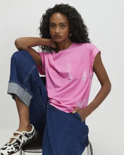 Pink Cotton Blend Burnout Effect T-Shirt