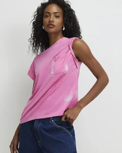 Pink Cotton Blend Burnout Effect T-Shirt