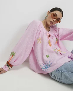 Pink Cotton Blend Conversational Shirt