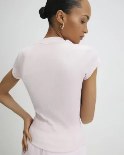 Pink Cotton Blend Fitted Ribbed Top