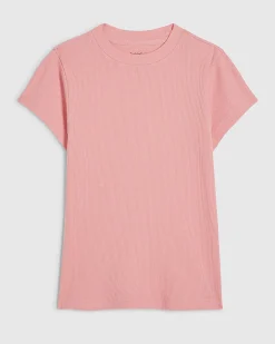 Pink Cotton Blend Fitted Ribbed Top