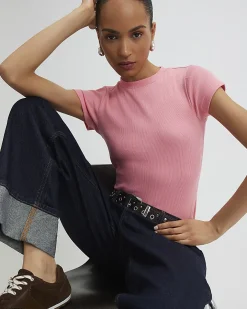 Pink Cotton Blend Fitted Ribbed Top