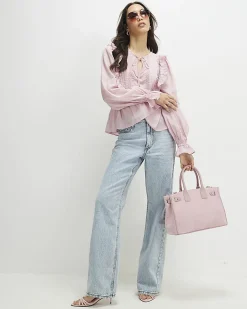 Pink Cotton Blend Lace Insert Blouse