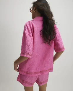 Pink Cotton Blend Parrot Broderie Top
