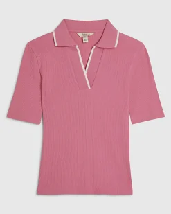 Pink Cotton Blend Ribbed Polo Top