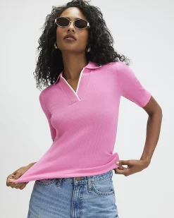 Pink Cotton Blend Ribbed Polo Top