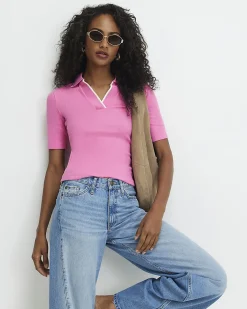 Pink Cotton Blend Ribbed Polo Top