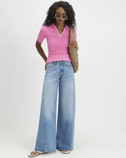 Pink Cotton Blend Ribbed Polo Top