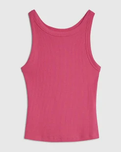 Pink Cotton Blend Sleeveless Ribbed Tank Top