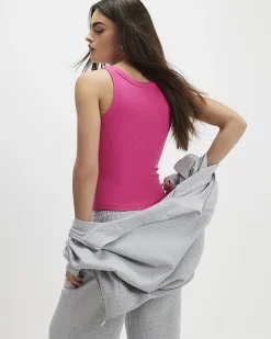 Pink Cotton Blend Sleeveless Ribbed Tank Top