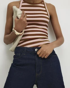 Pink Cotton Blend Stripe Sleeveless Cami Top