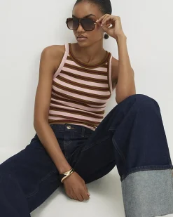 Pink Cotton Blend Stripe Sleeveless Cami Top
