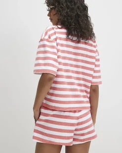 Pink Cotton blend Stripe Towelling Shorts