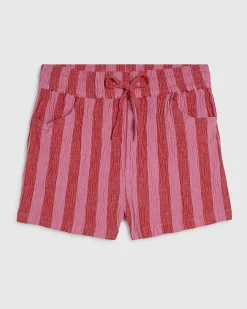 Pink Cotton Blend Striped Textured Shorts