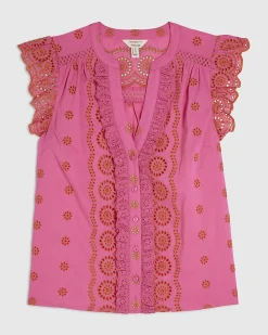 Pink Cotton Broderie Frill Sleeve Blouse