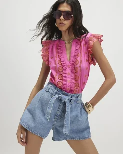 Pink Cotton Broderie Frill Sleeve Blouse