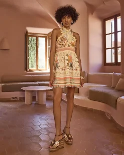 Pink Cotton Floral Halter Neck Mini Dress