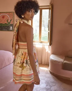 Pink Cotton Floral Halter Neck Mini Dress