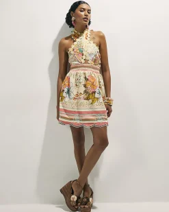 Pink Cotton Floral Halter Neck Mini Dress