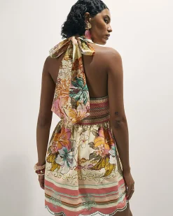 Pink Cotton Floral Halter Neck Mini Dress