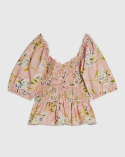 Pink Cotton Floral Puff Sleeve Shirred Top